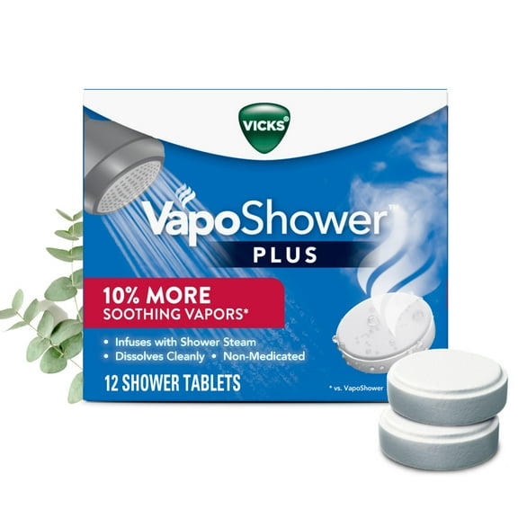 Vicks Vapo Shower Tablets Plus, Soothing Non-Medicated Vapor Steamers with Menthol Scent, 12 Count