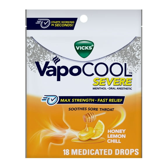 Vicks Vapo Cool Severe Menthol Sore Throat Drops for Sore Throat due to Cough, Honey Lemon, 18 Count