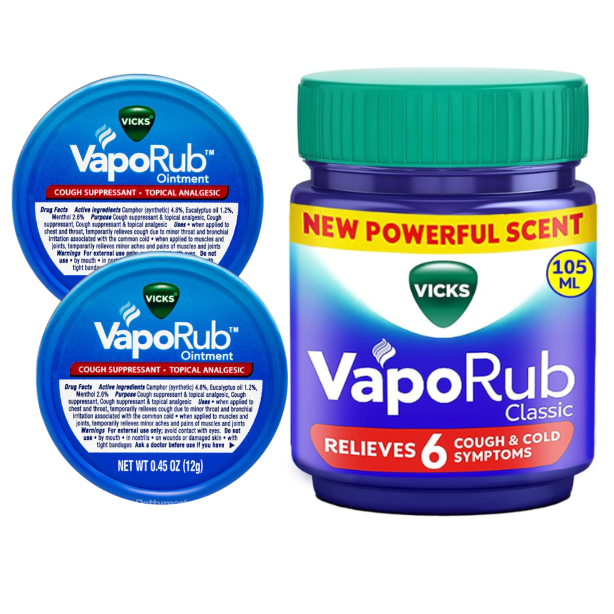 Vicks VapoRub Set 105 ml Family Jar + Two 0.45 oz (12g) Travel Tins | Classic Menthol & Eucalyptus