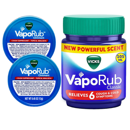 Vicks VapoRub Set 105 ml Family Jar + Two 0.45 oz (12g) Travel Tins | Classic Menthol & Eucalyptus