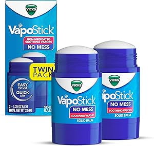 Vicks VapoStick, Solid Balm, No Mess, Soothing Non-Medicated Vicks Vapors, Easy-To-Use No-Touch Applicator, Quick Dry, Lightweight Skin Feel, 1.25oz x 2