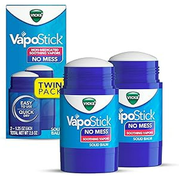 Vicks VapoStick, Solid Balm, No Mess, Soothing Non-Medicated Vicks Vapors, Easy-To-Use No-Touch Applicator, Quick Dry, Lightweight Skin Feel, 1.25oz x 2