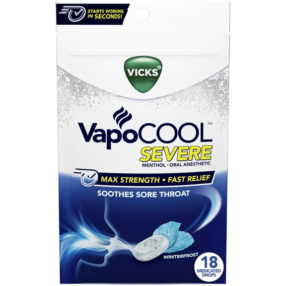 Vicks Vapocool Severe Medicated Sore Throat Drops, Max Relief, Menthol, Winterfrost, 18 ct