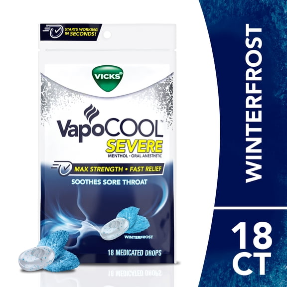 Vicks Vapocool Severe Medicated Sore Throat Drops, Max Relief, Menthol, Winterfrost, 18 ct