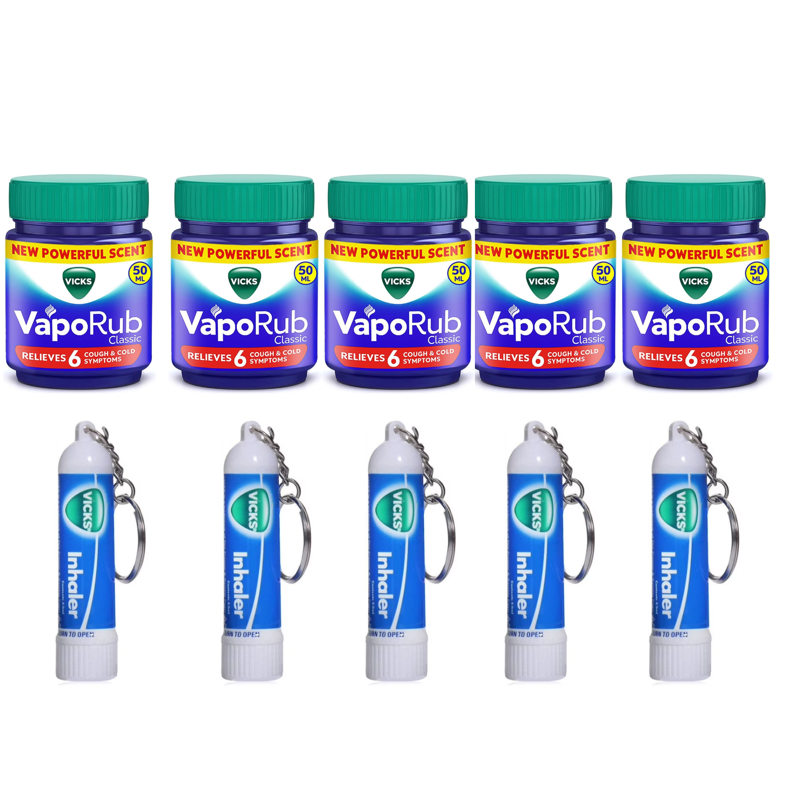 Vicks VapoRub Chest Rub & Nasal Inhaler Cold Relief Bundle, 5 Vaporub 50+10ml Extra+ 5 inhalers 0.5 ml