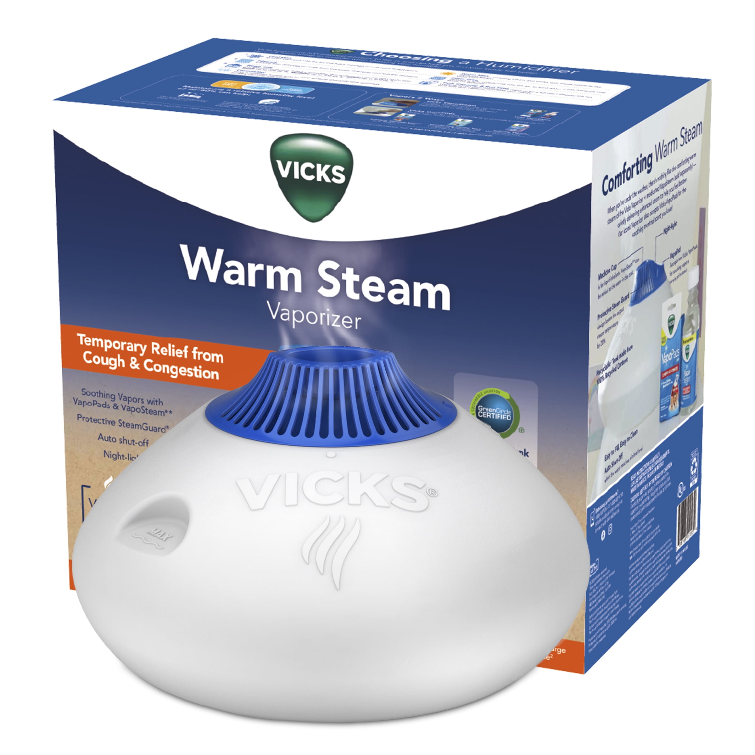 Vicks Warm Steam Vaporizer Humidifier, 600 sq ft, White, V150RYUPC