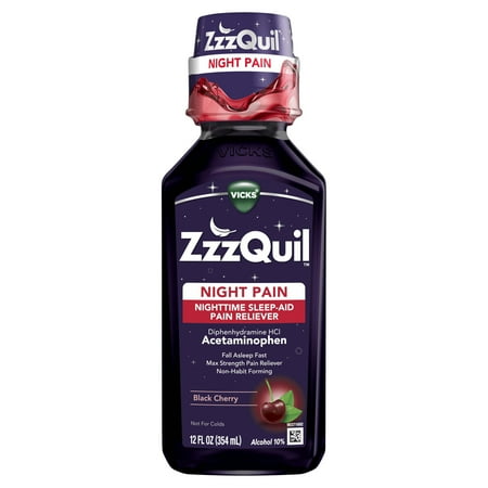 Vicks ZzzQuil Night Pain Liquid Sleep Aid, Non-Habit Forming, Nighttime Pain Reliever, Black Cherry, 12 fl oz