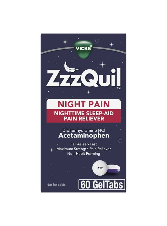 Vicks ZzzQuil Night Pain Sleep Aid Geltabs, Non-Habit Forming, Nighttime Pain Reliever, 60 Ct