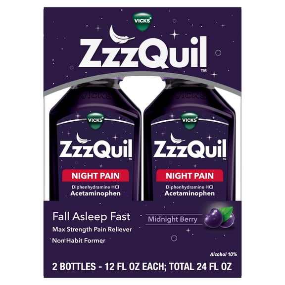 ZzzQuil Liquid, Pain Reliever, Sleep Aid, Acetaminophen 1000mg, Diphenhydramine 50mg HCI, Midnight Berry Flavored, 2 Pack, 24 FL OZ