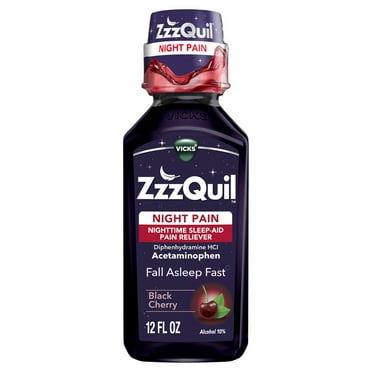 Vicks ZzzQuil Night Pain, Sleep Aid Pain Reliever Liquid, Sleep Aid and Pain Relief, Cherry 12 Fl oz