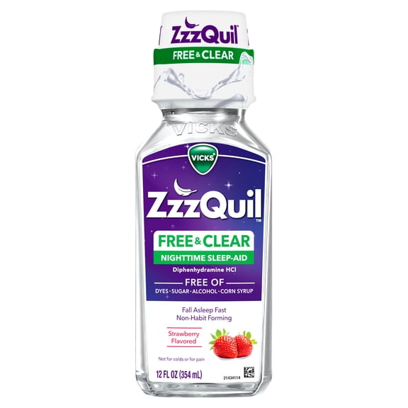 ZzzQuil Liquid Sleep Aid, FREE & CLEAR, Strawberry Flavored, 12 FL OZ