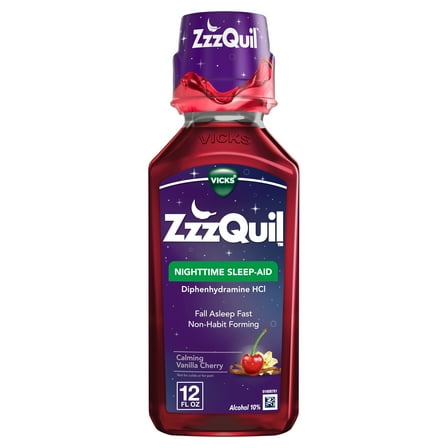Vicks ZzzQuil Nighttime Sleep Aid Liquid, Diphenhydramine HCI 50mg, Vanilla Cherry, 12 Fl oz
