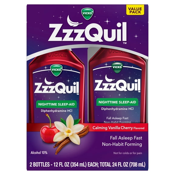 ZzzQuil Liquid Sleep Aid, Diphenhydramine 50mg HCl, Vanilla Cherry Flavored, 2 Pack, 24 fl oz