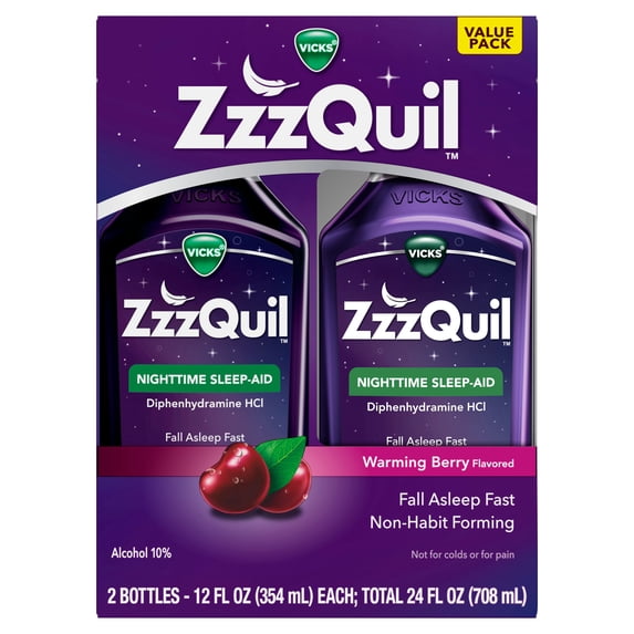 Vicks ZzzQuil Nighttime Sleep Aid Liquid, Diphenhydramine HCI 50mg, Warming Berry, 24 Fl oz