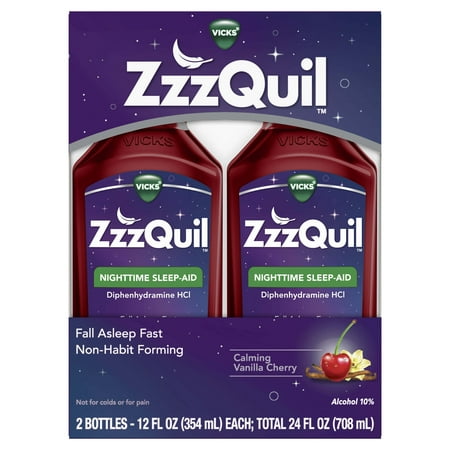 Vicks ZzzQuil Nighttime Sleep Support Liquid, over-the-Counter Medicine, Vanilla Cherry Flavored, 2x12 oz