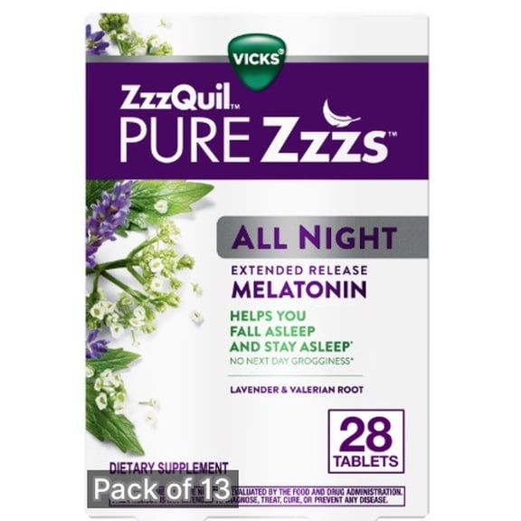 Vicks ZzzQuil Pure Zzzs All Night Extended Release Melatonin Tablets, Dietary Supplement, 28 Ct (Pack of 13)