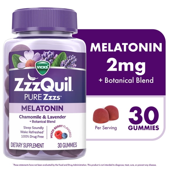 ZzzQuil PURE Zzzs Melatonin Gummies, Sleep Aid, Melatonin 2mg, Wildberry Vanilla Flavored 30 Sleep Gummies