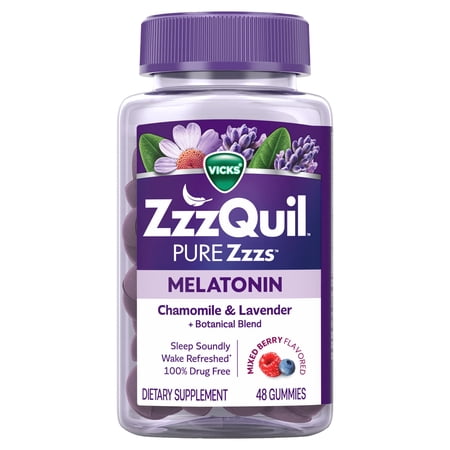 ZzzQuil PURE Zzzs Melatonin Sleep Aid Gummies, Melatonin 2mg, Wildberry Vanilla 48 Count