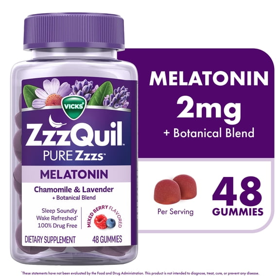 ZzzQuil PURE Zzzs Melatonin Sleep Aid Gummies, Melatonin 2mg, Wildberry Vanilla 48 Count