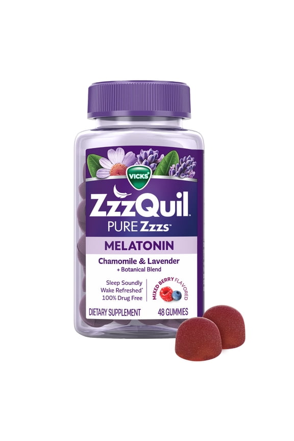 PURE Zzzs Melatonin Sleep Aid Gummies, Melatonin 2mg, Wildberry Vanilla 48 Count