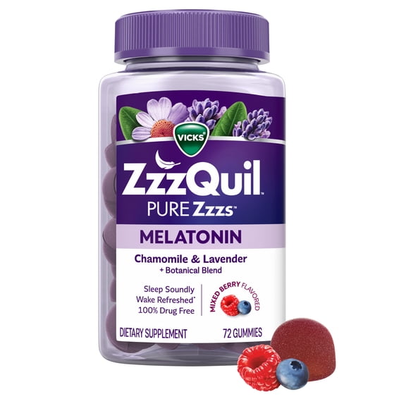 ZzzQuil PURE Zzzs Melatonin Sleep Aid Gummies, Melatonin 1mg, 72 Count