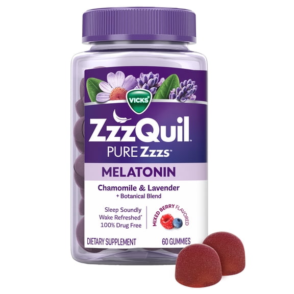 ZzzQuil PURE Zzzs Melatonin Sleep Aid Gummies, 2mg, Wildberry Vanilla, 60 Count