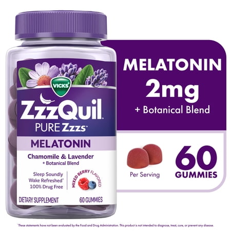 ZzzQuil PURE Zzzs Melatonin Sleep Aid Gummies, 2mg, Wildberry Vanilla, 60 Count