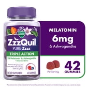 ZzzQuil PURE Zzzs Melatonin Triple Action with Ashwagandha, Melatonin 6mg, 42 Gummies
