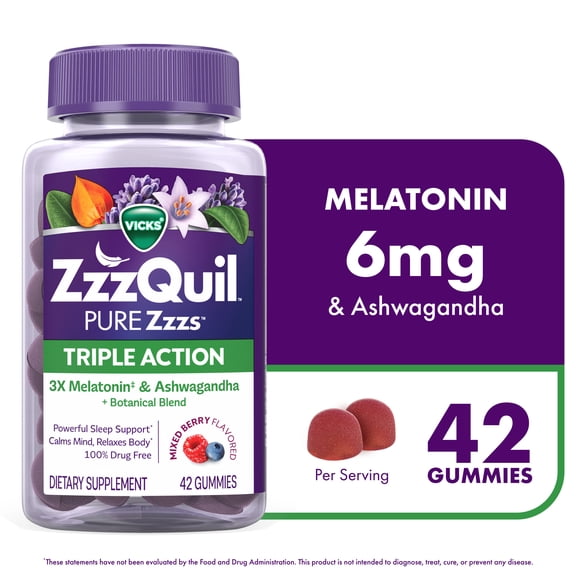 ZzzQuil PURE Zzzs Melatonin Triple Action with Ashwagandha, Melatonin 6mg, 42 Gummies