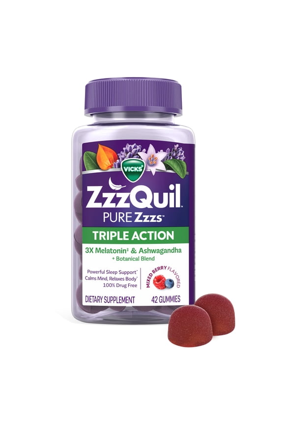 PURE Zzzs Melatonin Triple Action with Ashwagandha, Melatonin 6mg, 42 Gummies