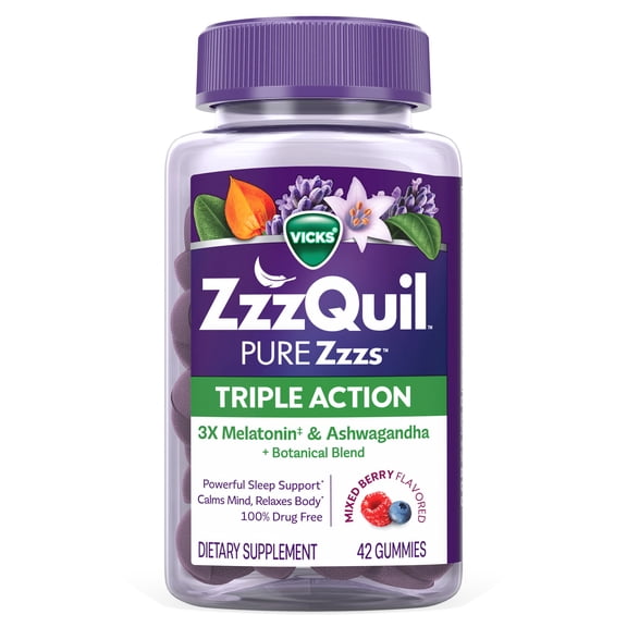 ZzzQuil PURE Zzzs Triple Action, Sleep Aid, Melatonin Gummies, Melatonin 6mg, with Ashwagandha, 42 Sleep Gummies