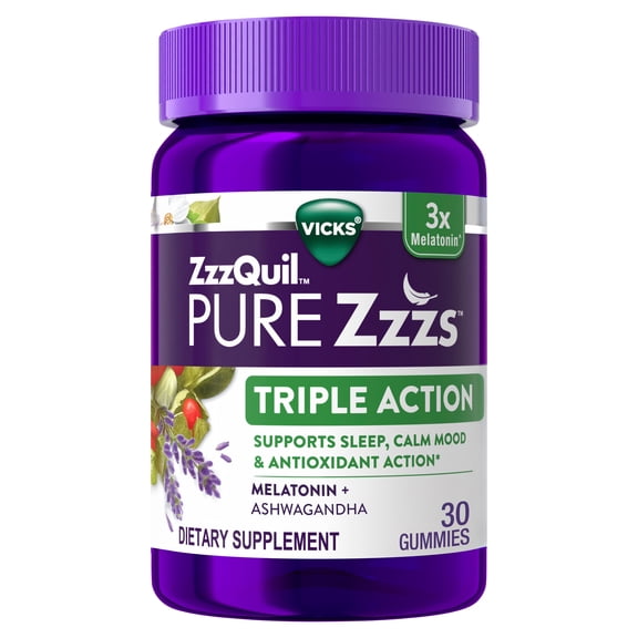 ZzzQuil PURE Zzzs Triple Action, Sleep Aid, Melatonin Gummies, Melatonin 6mg, with Ashwagandha, 30 Sleep Gummies