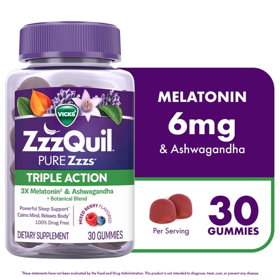 ZzzQuil PURE Zzzs Melatonin Triple Action with Ashwagandha, Melatonin 6mg, 30 Gummies
