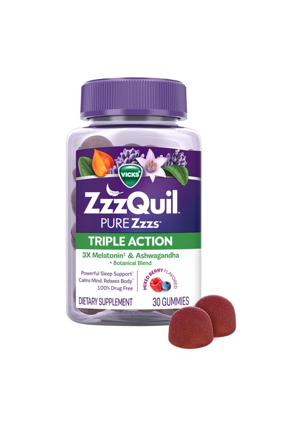 PURE Zzzs Melatonin Triple Action with Ashwagandha, Melatonin 6mg, 30 Gummies