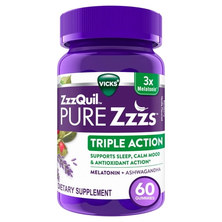 ZzzQuil PURE Zzzs Melatonin Triple Action with Ashwagandha, Melatonin 6mg, 60 Gummies