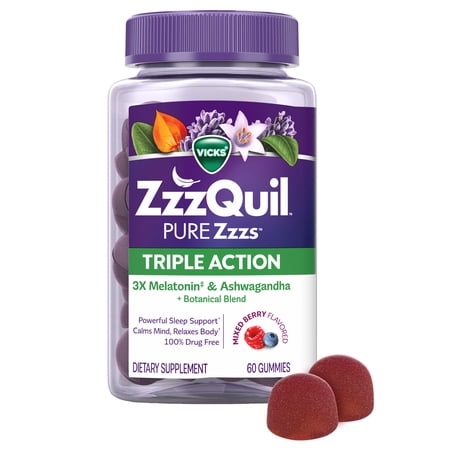 ZzzQuil PURE Zzzs Melatonin Triple Action with Ashwagandha, Melatonin 6mg, 60 Gummies