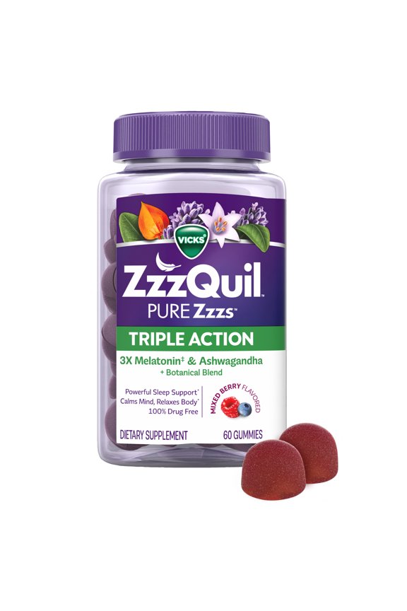 PURE Zzzs Melatonin Triple Action with Ashwagandha, Melatonin 6mg, 60 Gummies