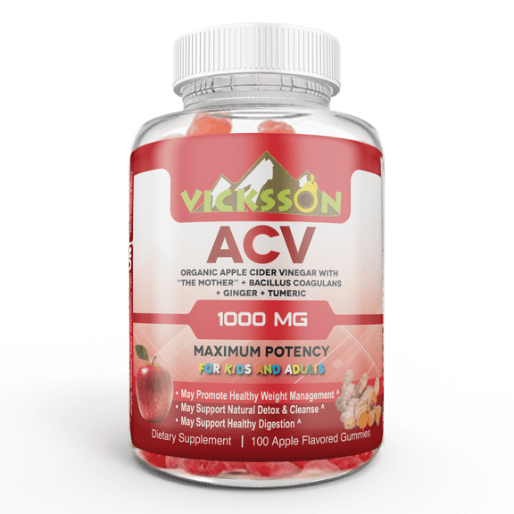 Vicksson Organic Apple Cider Vinegar Gummy 1000 mg ACV with The Mother, Tumeric, Ginger & Bacillus Coagulans - Detox, Cleanse, Immune, Weight management, Digest Support | 100 Gummies