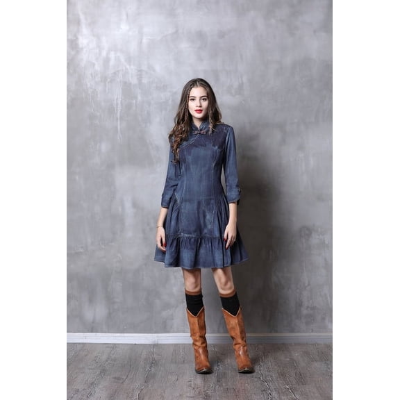 Vicky and Lucas - 3/4 Sleeve Stand Up Collar Fit And Flare Dress - For All Occasions Modern Style Fashion Dress for Women (Small)