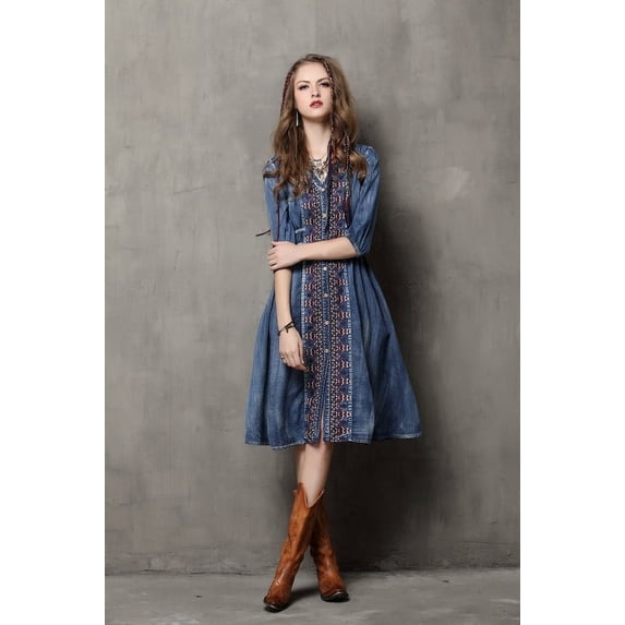 Vicky and Lucas Half Sleeve Button Front Modern Style Denim Dress (Medium)