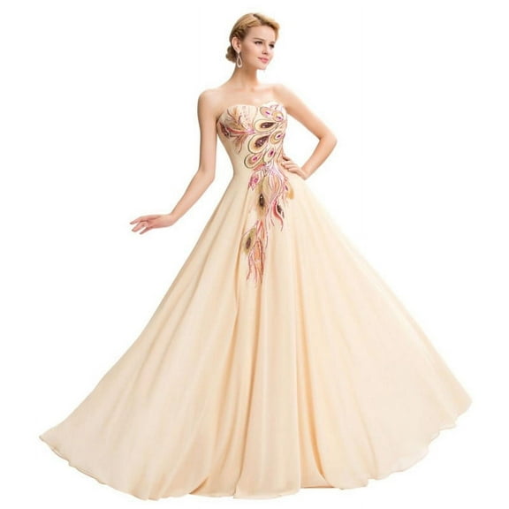 Vicky and Lucas - Modern Style Strapless Embroidery Tulle Gown - Elegant Dress for Special Occasions (Beige, XS)