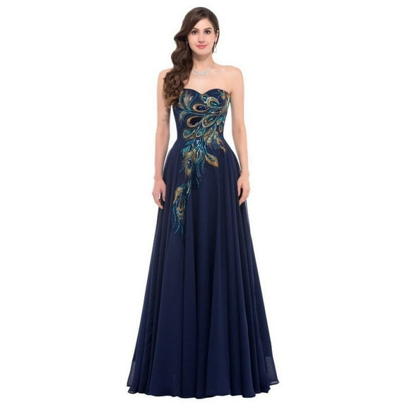 Vicky and Lucas - Modern Style Strapless Embroidery Tulle Gown - Elegant Dress for Special Occasions (Navy Blue, XS)