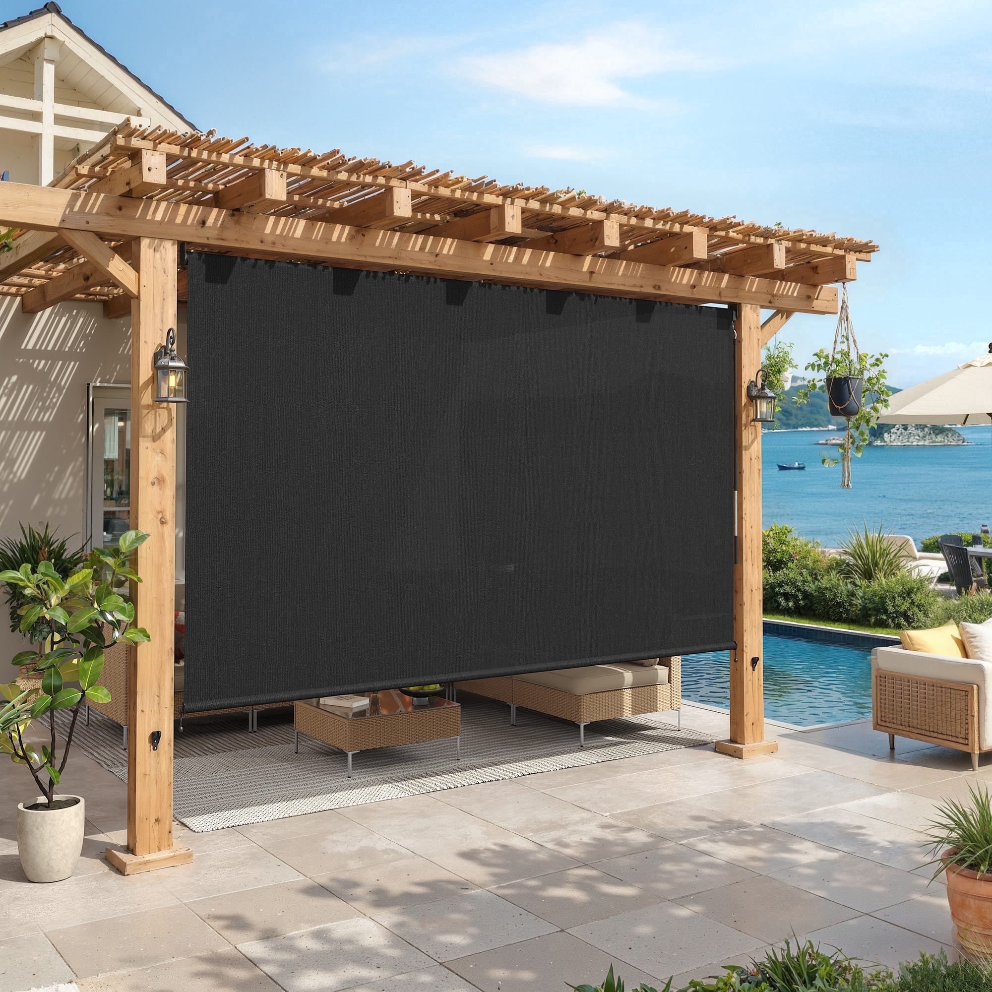 Vicllax 10'Wx8'H Outdoor Roller Shades Blinds for Patio Porch Crank Operation Sun Blocking, Black