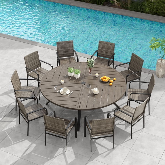 Vicllax 11-Piece Outdoor Patio Dining Set 10 Rattan Wicker Chairs & Round Slatted Metal Table