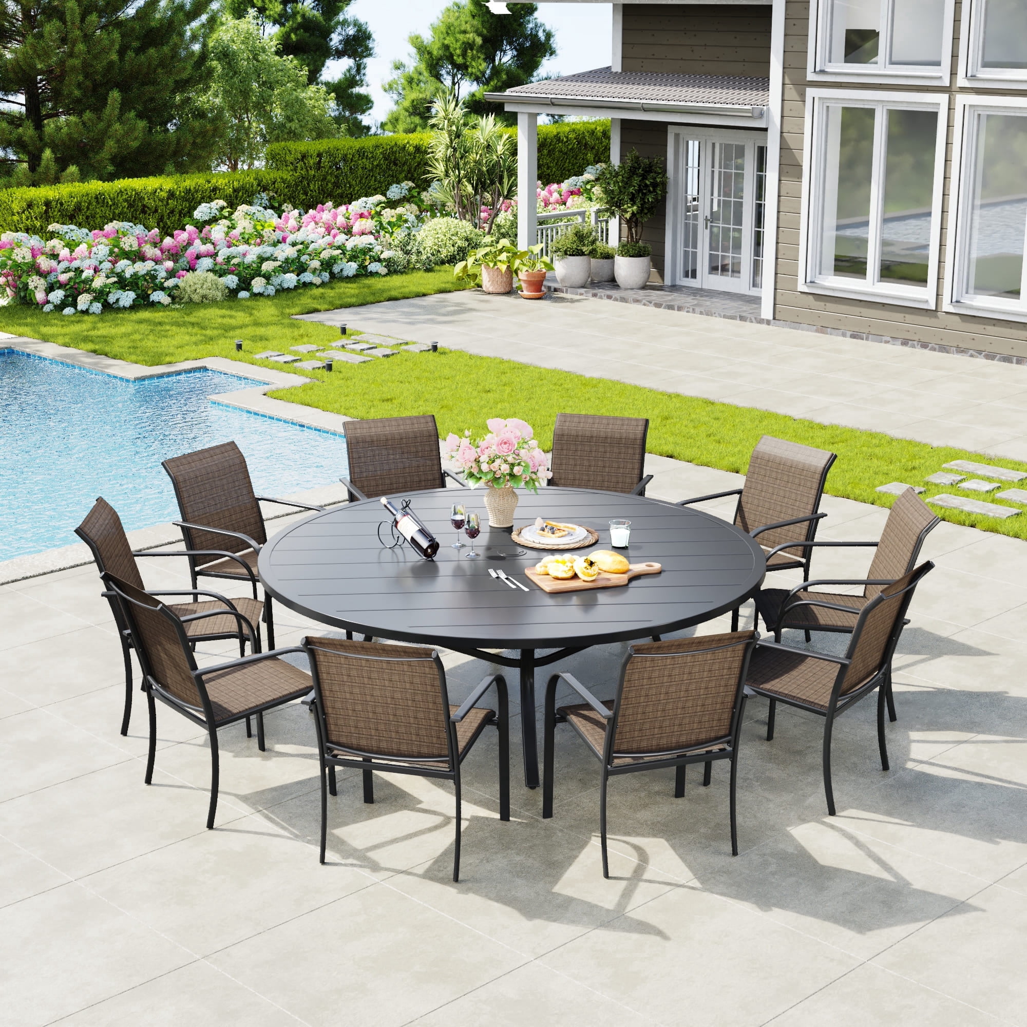 Vicllax 11-Piece Round Outdoor Patio Dining Furniture Set Table and Chair Metal Frame, Umbrella Hole