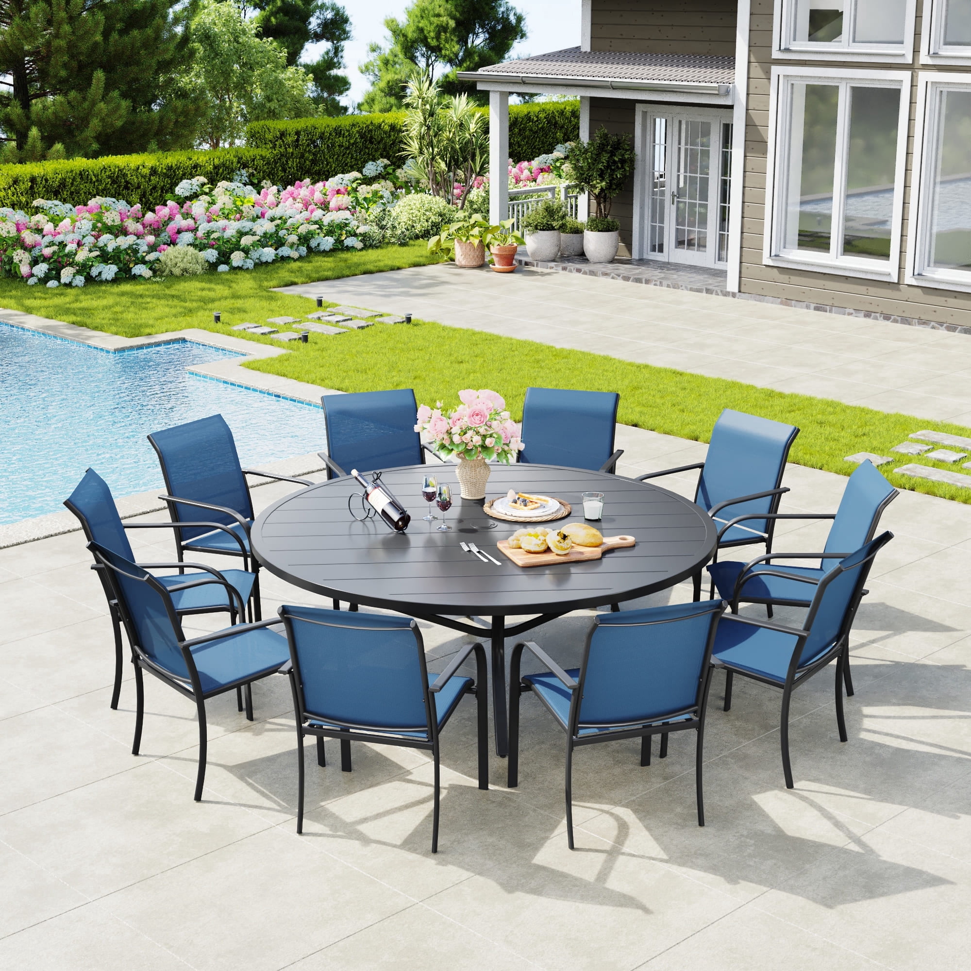 Vicllax 11-Piece Round Outdoor Patio Dining Furniture Set Table and Chair Metal Frame, Umbrella Hole
