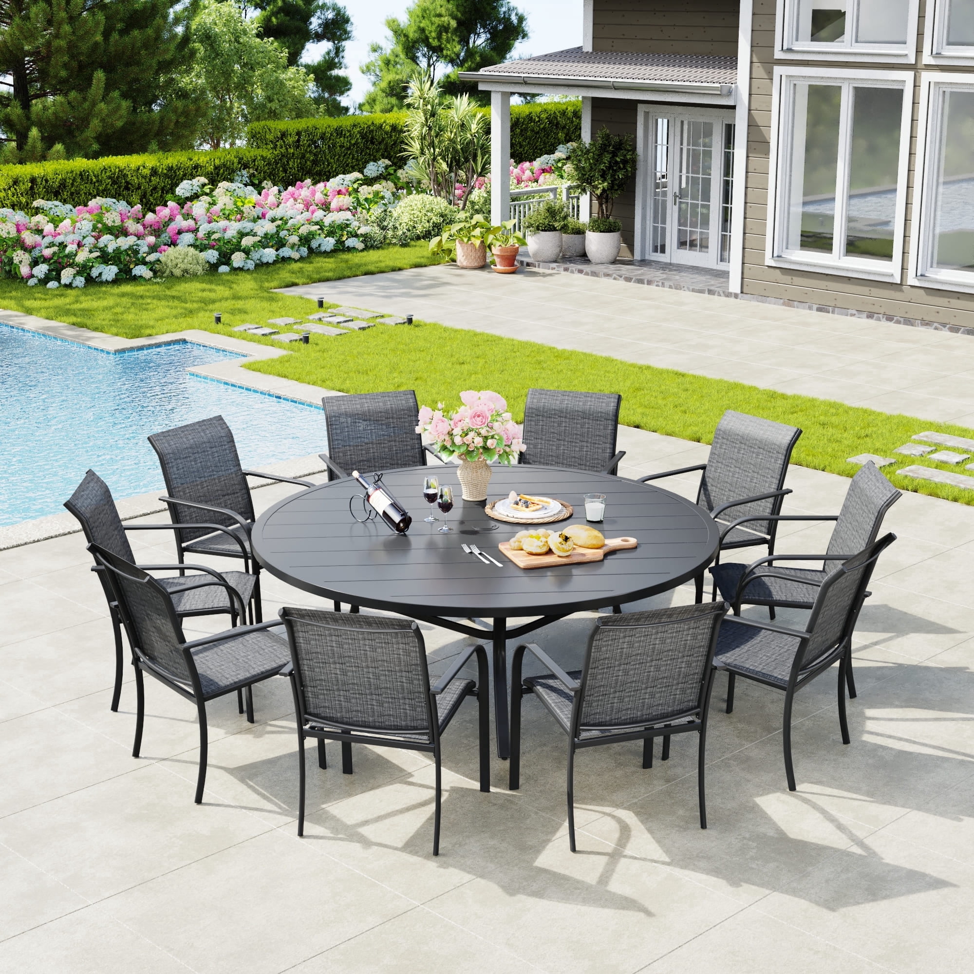 Vicllax 11-Piece Round Outdoor Patio Dining Furniture Set Table and Chair Metal Frame, Umbrella Hole