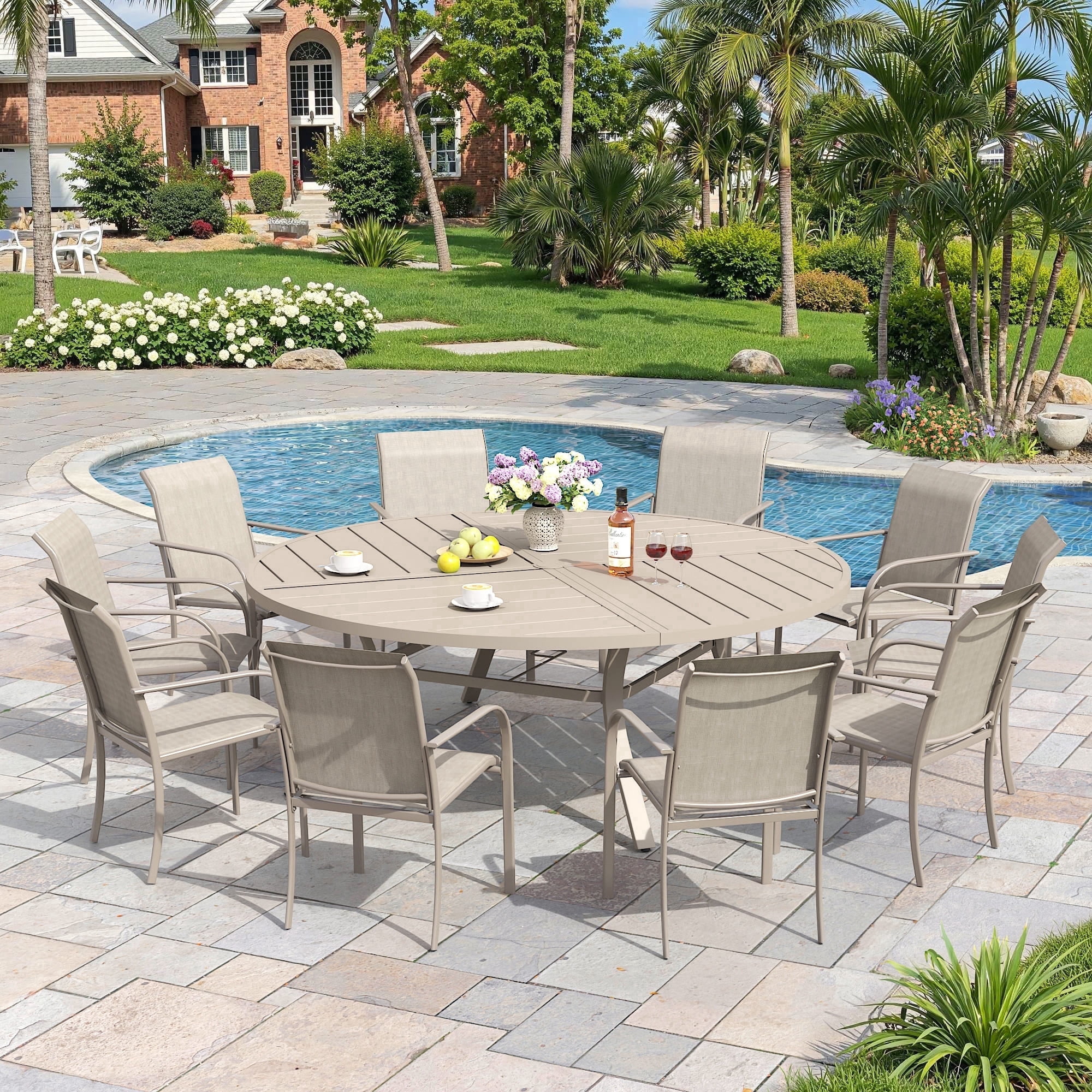 Vicllax 11-Piece Round Outdoor Patio Dining Furniture Set Table and Chair Metal Frame for Porch Deck