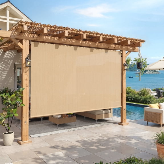 Vicllax 12'Wx8'H Outdoor Roller Shades, Cordless Patio Blinds for Patio Porch Crank Operation Sun Blocking, Wheat