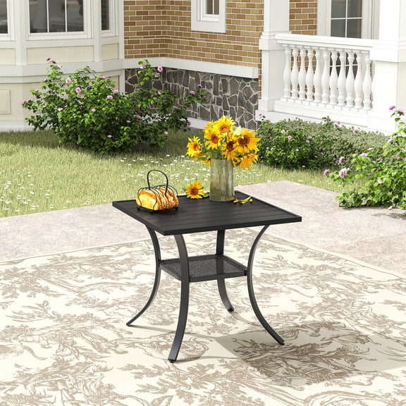 Vicllax 28" Outdoor Patio Dining Table, Metal Frame Square Bistro Patio Table with Storage Shelf for Deck, Black